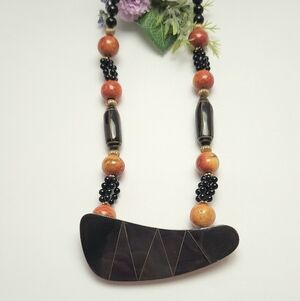 Vintage Apple Coral & Black Onyx Gold Inlay Bead Pendant Necklace Lee Sands
